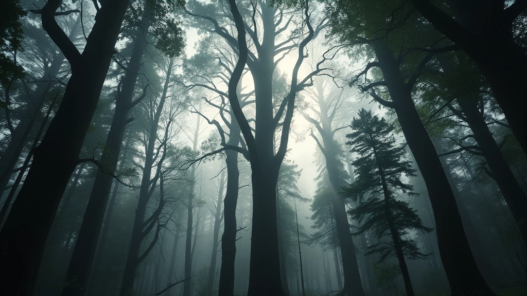 Dramatic forest scene with tall ancient trees creating a natural canopy, misty atmospheric lighting filtering through branches, photorealistic woodland landscape suggesting mystery and refuge