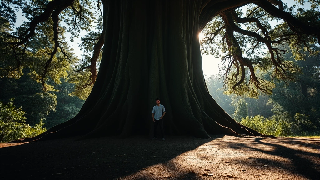 Close-up of a lone figure standing beneath a massive tree trunk, dappled sunlight creating shadows on ground, cinematic lighting emphasizing solitude and contemplation in nature