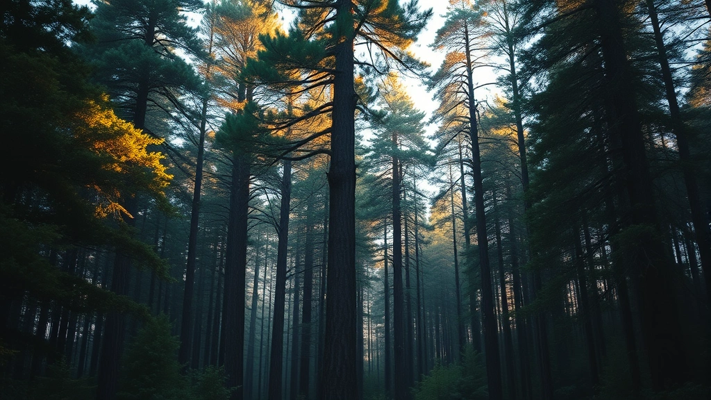 Wide shot of a dense forest with multiple towering trees creating a meeting place atmosphere, golden hour lighting, photorealistic natural environment suggesting both beauty and hidden danger