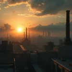 Photorealistic dystopian landscape with sunrise breaking over industrial cityscape, dramatic lighting casting long shadows across concrete structures, no text or UI elements, cinematic atmosphere