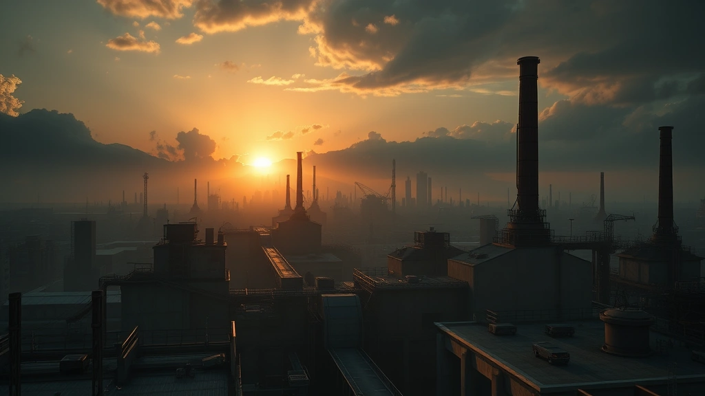 Photorealistic dystopian landscape with sunrise breaking over industrial cityscape, dramatic lighting casting long shadows across concrete structures, no text or UI elements, cinematic atmosphere
