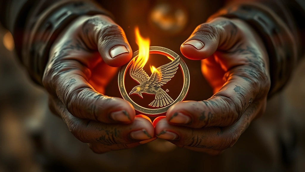 Close-up of weathered hands holding a burning mockingjay pin symbol, warm golden sunlight filtering through, cinematic depth of field, no visible text or game elements