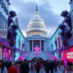 Capitol fashion district with crystalline buildings and elaborate costume displays, vibrant neon colors reflecting off polished surfaces, crowds in extravagant attire, photorealistic futuristic luxury aesthetic