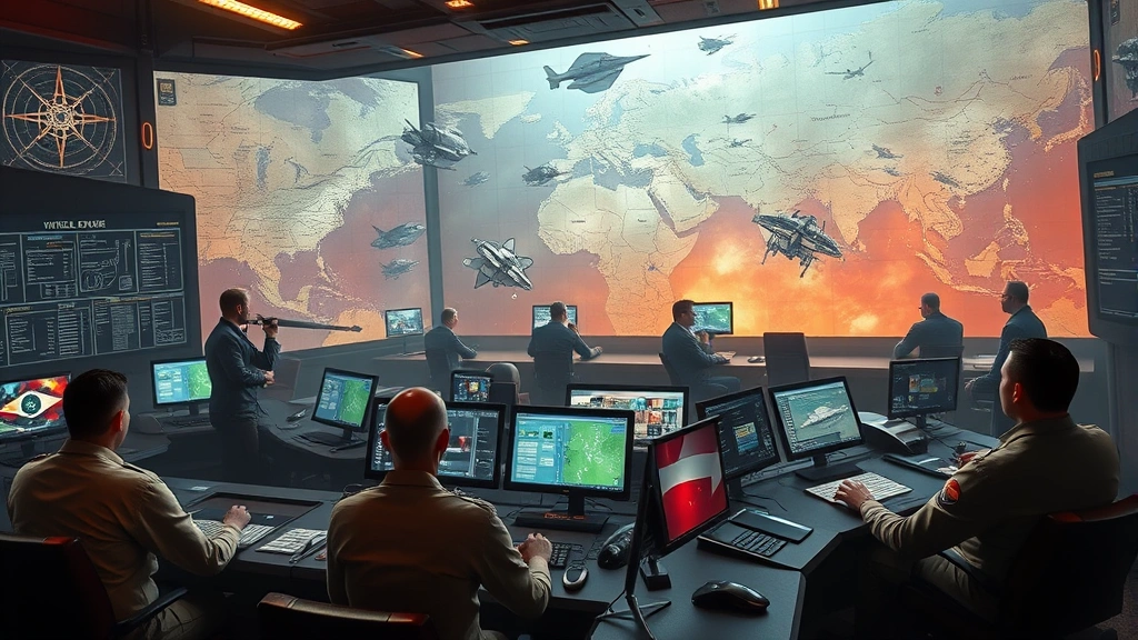 Rebellion war room with strategic maps and tactical displays, diverse fighters planning operations, warm practical lighting contrasting with cool digital elements, photorealistic military command center atmosphere