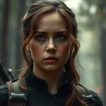 Jennifer Lawrence as Katniss Everdeen with a deadpan skeptical expression in a forest arena setting, photorealistic dramatic lighting, intense close-up face shot