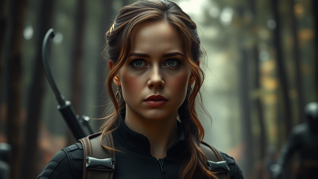 Jennifer Lawrence as Katniss Everdeen with a deadpan skeptical expression in a forest arena setting, photorealistic dramatic lighting, intense close-up face shot