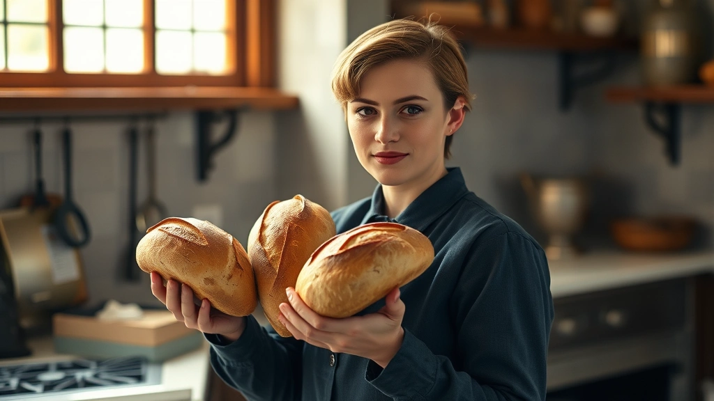 Peeta Mellark holding freshly baked bread loaves in a Capitol-styled kitchen with warm golden lighting, professional photography style, detailed texture on bread