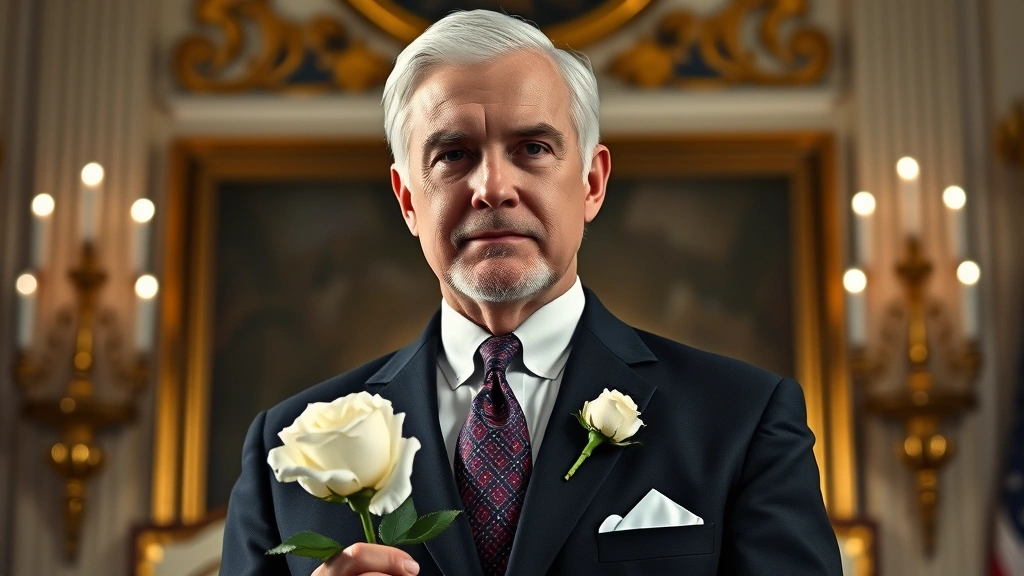President Snow in formal Capitol attire holding a white rose, sophisticated portrait lighting, ornate background elements, photorealistic character study