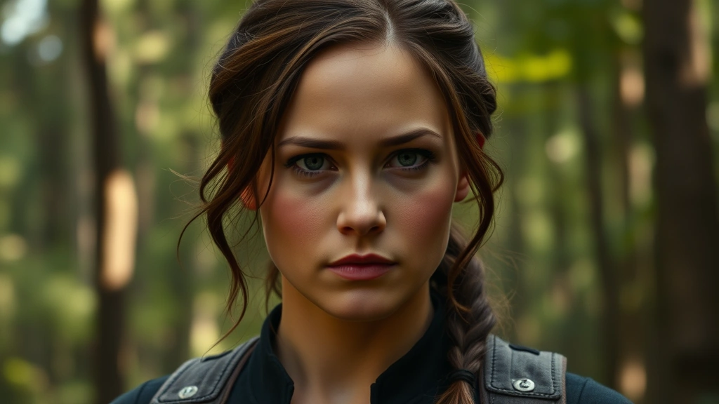 Jennifer Lawrence as Katniss Everdeen with skeptical, unimpressed facial expression in natural forest lighting, photorealistic detail on face and emotion