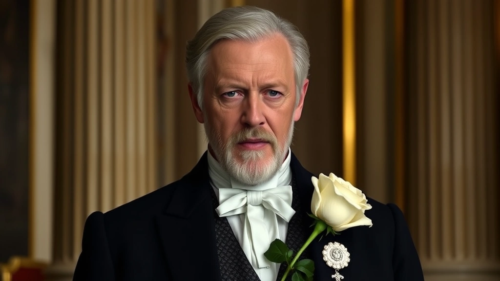 Donald Sutherland as President Snow in formal Capitol attire holding a white rose, menacing yet composed expression, photorealistic period costume details