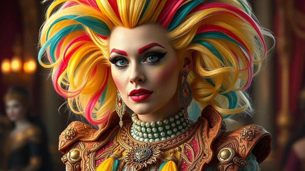 Effie Trinket wearing elaborate colorful wig and Capitol fashion with exaggerated makeup, vibrant colors and over-the-top styling, photorealistic costume textures