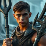 A young man with bronze skin and sea-green eyes standing in a war-torn district, holding a trident weapon, wearing rebel military gear with determination in his expression, photorealistic cinematic lighting, ocean mist in background