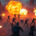 Intense multiplayer battle royale gameplay with players fighting in diverse arena terrain, explosions and gunfire, photorealistic graphics, no HUD or UI elements visible, dramatic lighting and action-packed moment