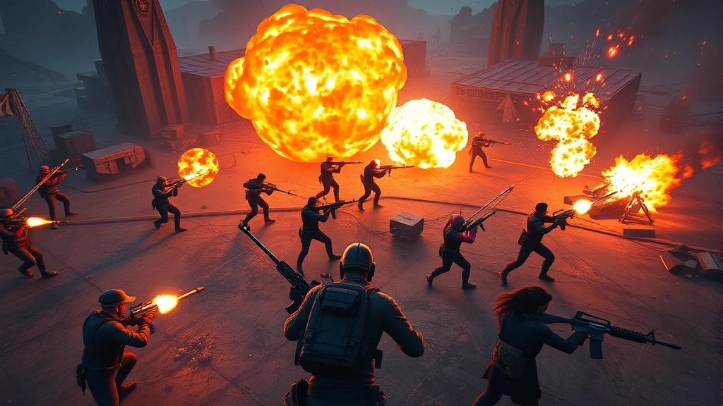 Intense multiplayer battle royale gameplay with players fighting in diverse arena terrain, explosions and gunfire, photorealistic graphics, no HUD or UI elements visible, dramatic lighting and action-packed moment