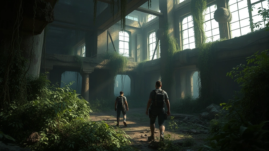 Survivors hiding in overgrown ruins during dystopian survival game, tense atmosphere with crumbling architecture and vegetation, photorealistic detail, cinematic lighting creating shadows and suspense, no visible text or game interface