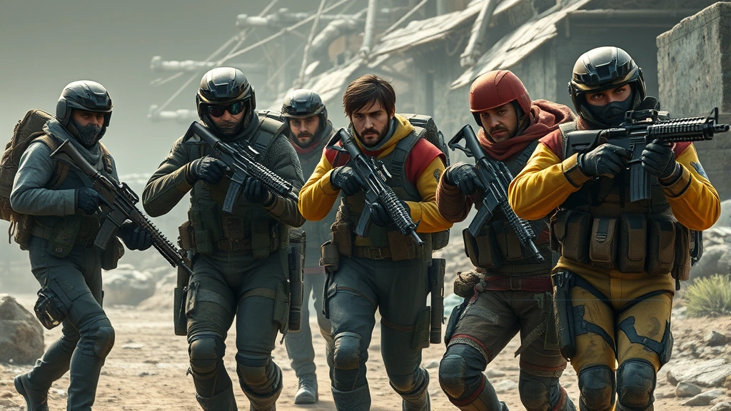 Diverse team of players cooperating in dangerous environment, using tactical equipment and weapons, communicating strategically, photorealistic character models and detailed environment, action-focused composition without menu screens or text overlays