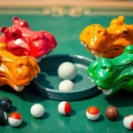 Close-up of four colorful hippo heads in red, pink, orange, and green positioned around a central marble pool, with marbles scattered across the board surface in natural lighting
