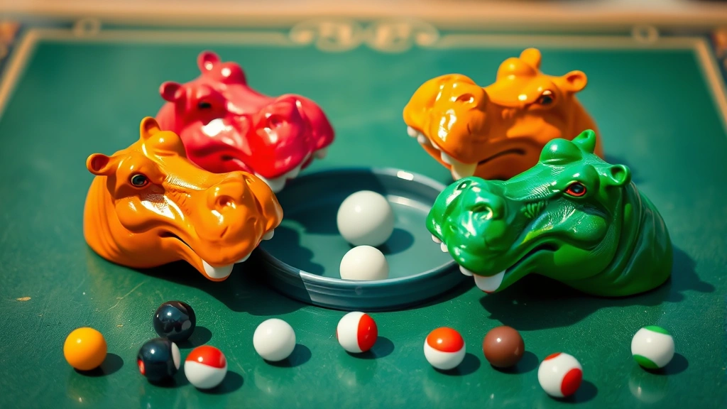 Close-up of four colorful hippo heads in red, pink, orange, and green positioned around a central marble pool, with marbles scattered across the board surface in natural lighting