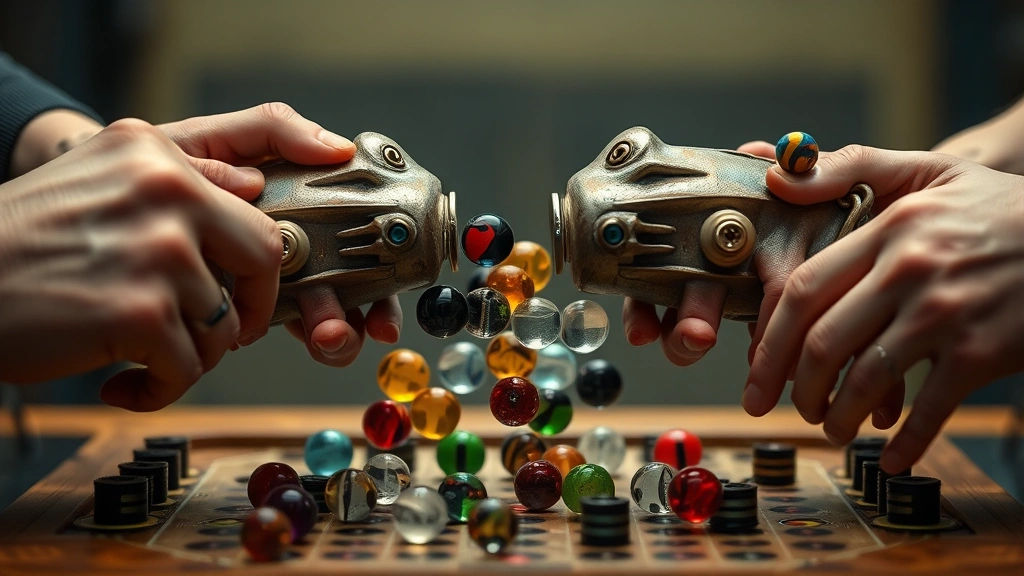 Action shot of multiple hands pressing hippo mechanisms simultaneously, with marbles in mid-motion being captured, showing the physical intensity and competitive energy of gameplay