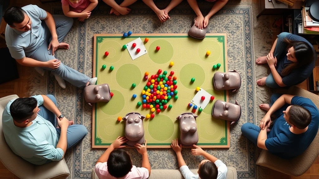 Wide overhead view of a complete Hungry Hippos board setup with marbles organized by color, hippo heads in ready position, and family members gathered around the game in a living room setting