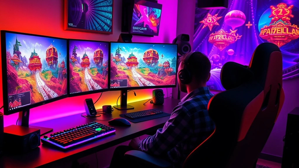 A vibrant gaming setup with multiple monitors displaying colorful hypackel game worlds, RGB lighting, mechanical keyboard, and immersed gamer in comfortable gaming chair