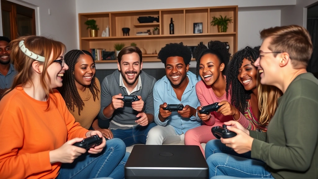 A diverse group of friends gathered around a gaming console, controllers in hand, laughing and celebrating a victory in a cooperative hypackel game