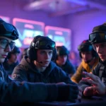 Intense competitive gaming scene with players in neon-lit arena, wearing tactical gear, focused expressions, high-stakes atmosphere, dramatic lighting