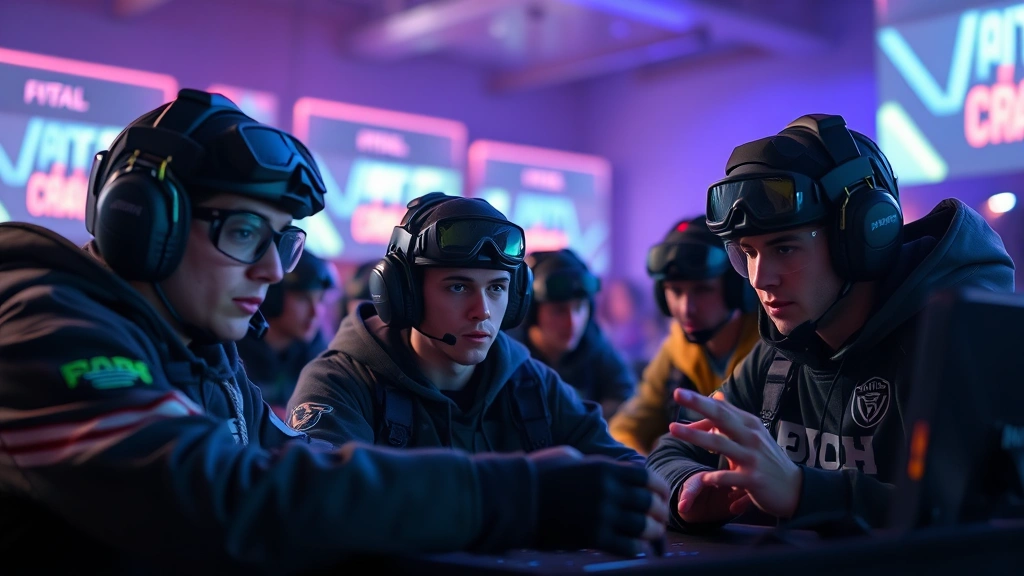 Intense competitive gaming scene with players in neon-lit arena, wearing tactical gear, focused expressions, high-stakes atmosphere, dramatic lighting