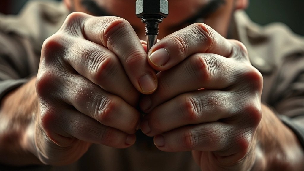 Extreme close-up of hands performing precision task under pressure, sweat visible, concentrated determination, cinematic tension, professional photography
