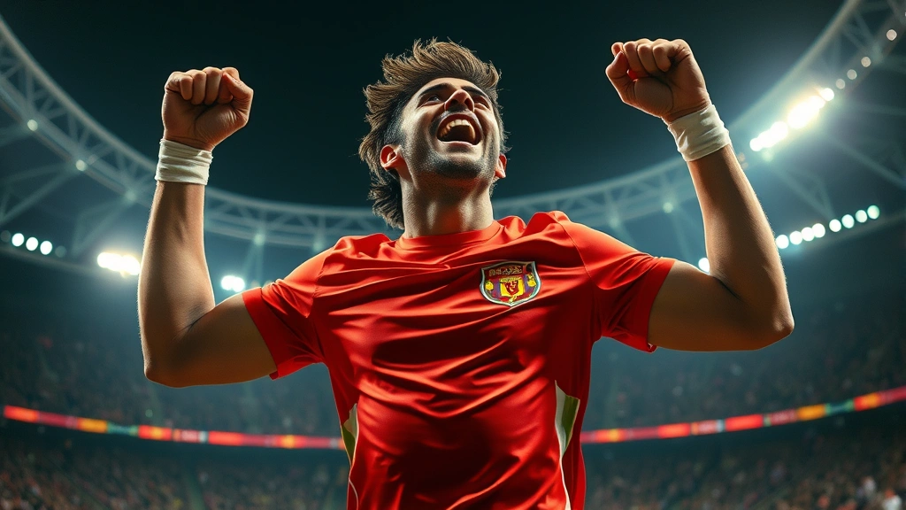 Champion player celebrating victory with confidence, dramatic victory pose, intense stadium lighting, triumphant expression, dynamic action photography