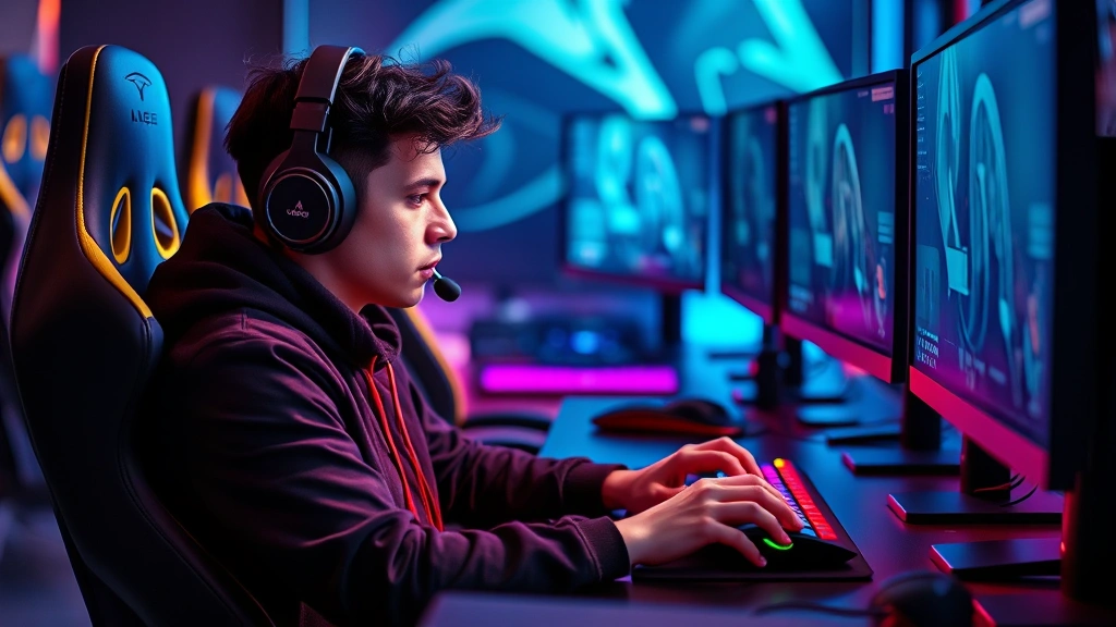 Professional esports player sitting at gaming setup with RGB lighting, hands on keyboard and mouse mid-competitive match, intense focus expression, modern gaming chair, multiple monitors, photorealistic, no text or UI elements visible