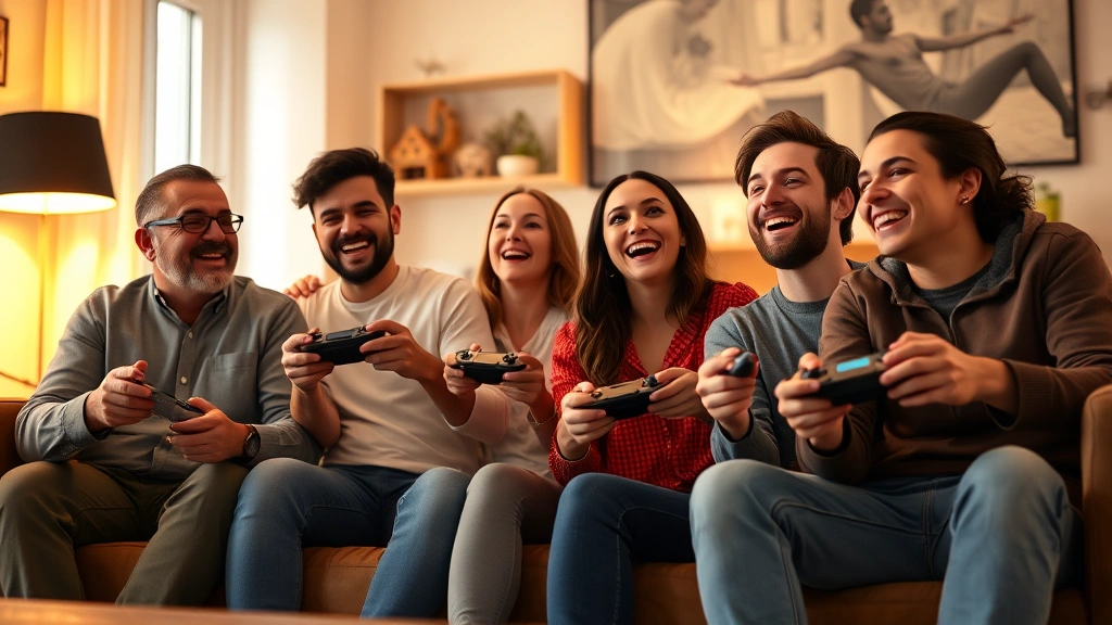 Group of four diverse friends laughing while playing video games together on a couch, holding controllers, warm living room lighting, casual gaming atmosphere, genuine joy on faces, photorealistic, no game menus or HUD visible