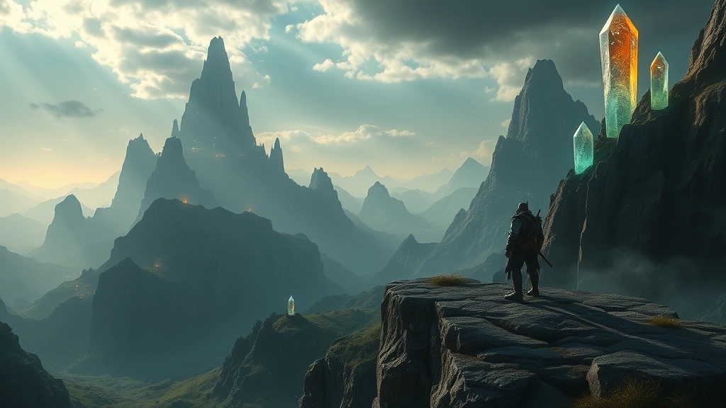 Epic fantasy landscape with towering mountains, glowing magical crystals, and a lone adventurer character standing on a cliff overlooking vast terrain, dramatic lighting and atmospheric effects, photorealistic game environment, no dialogue boxes or game UI