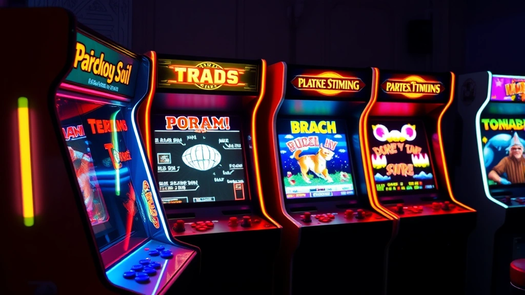 Retro arcade cabinet with glowing neon lights and classic game screens, photorealistic, vibrant colors, vintage gaming atmosphere, no text visible