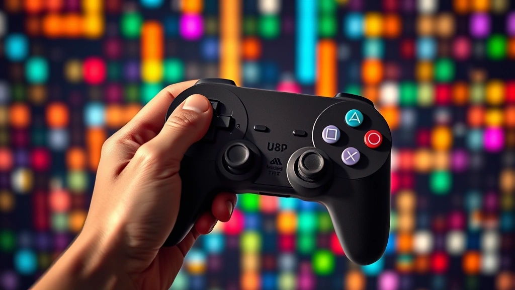 Vintage gaming controller in hand with colorful pixels in background, photorealistic detail, nostalgic 8-bit aesthetic, warm lighting, no HUD or interface elements