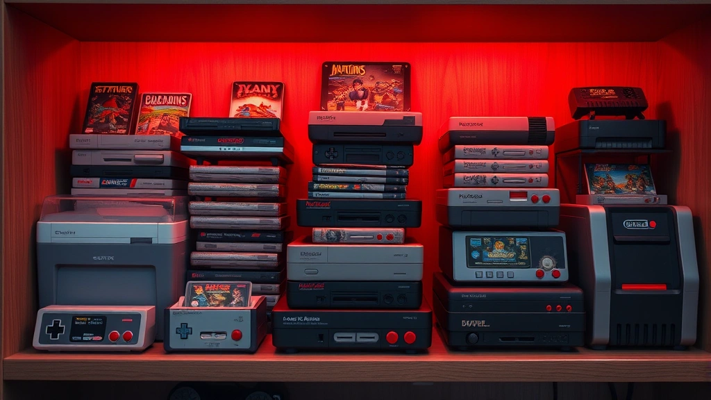 Retro gaming collection displayed on shelf with classic cartridges and consoles, photorealistic lighting, warm ambient glow, gaming nostalgia, no visible game menus or text