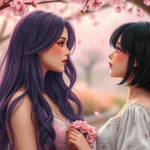 Two women in a romantic garden setting, one with long purple hair and one with short black hair, looking at each other with tender expressions, cherry blossoms falling around them, soft warm lighting, photorealistic style
