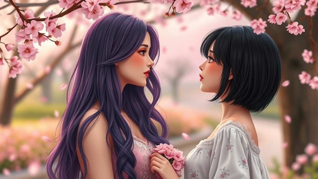 Two women in a romantic garden setting, one with long purple hair and one with short black hair, looking at each other with tender expressions, cherry blossoms falling around them, soft warm lighting, photorealistic style