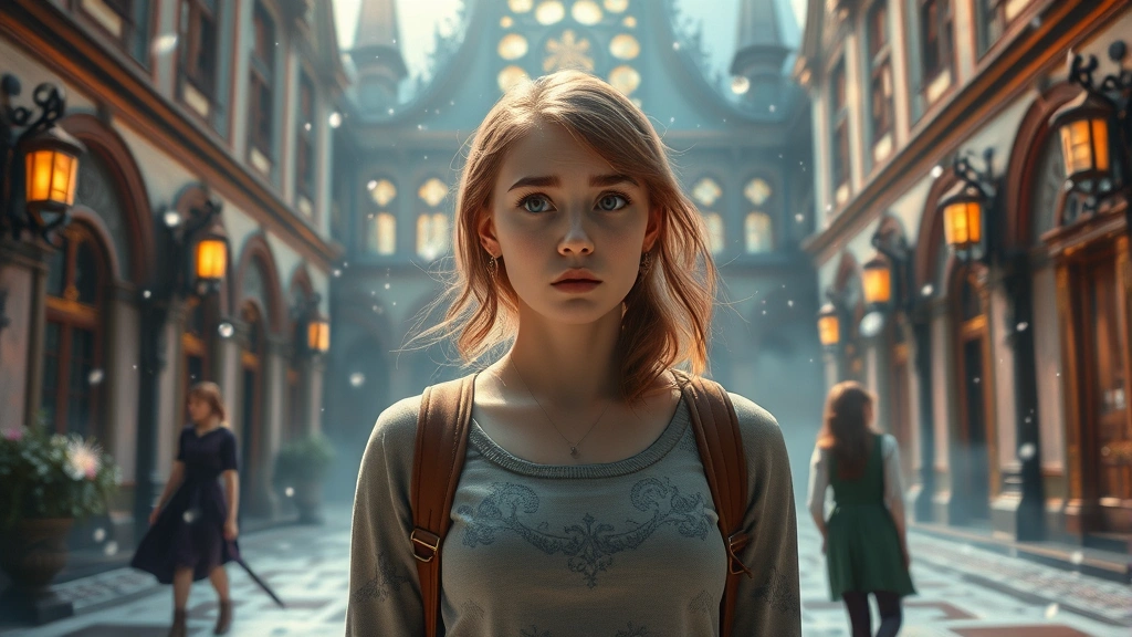 A young woman with confused expression standing in a beautiful fantasy academy courtyard, surrounded by floating magical particles and ethereal light, other female students visible in background, dreamy atmospheric lighting, photorealistic