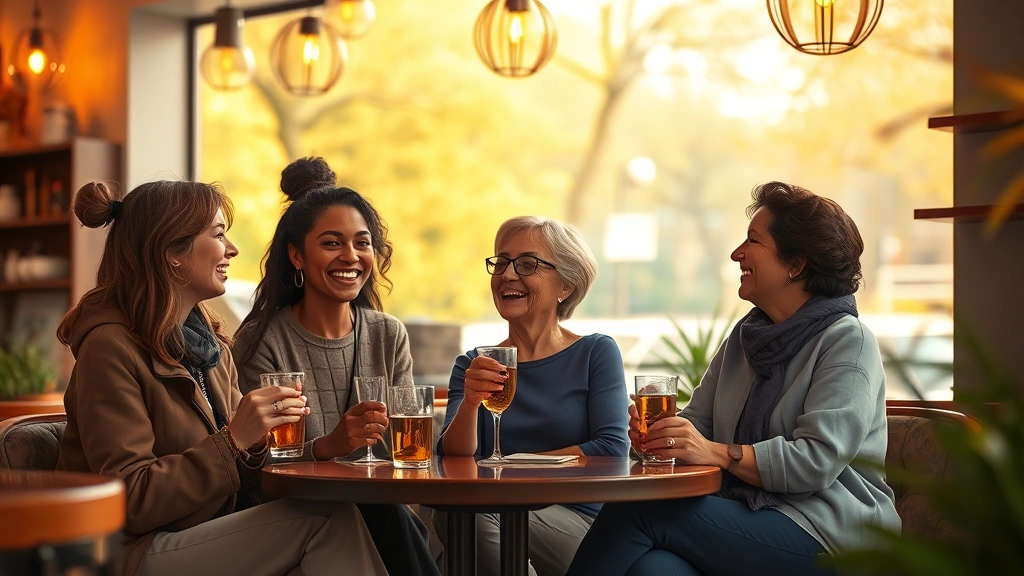 Three diverse women characters sitting together in a cozy café interior, laughing and enjoying drinks, warm ambient lighting through windows, intimate and joyful atmosphere, photorealistic detailed background