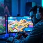 A gamer sitting at a desk with multiple monitors displaying colorful indie game worlds, holding a controller with intense focus, neon lighting in the background, photorealistic style