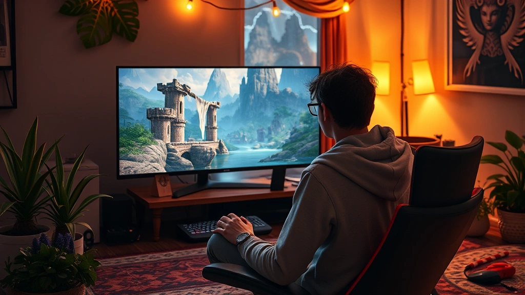 A cozy gaming setup with warm lighting showing a player exploring a beautiful fantasy world on screen, peaceful atmosphere with plants and gaming peripherals, photorealistic and inviting