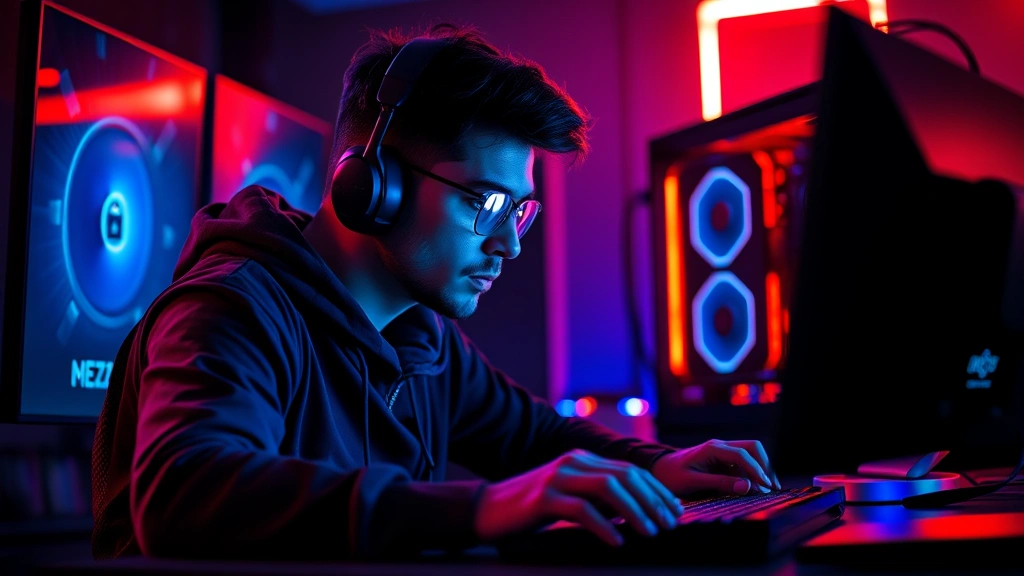 Professional gamer sitting at gaming setup, intense focused expression, blue and red neon lighting reflecting off face, high-end gaming PC and multiple monitors visible, hands positioned on keyboard and mouse, dramatic atmospheric lighting