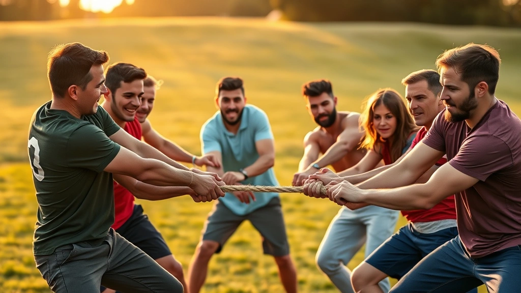 Group of diverse people playing tug of war outdoors on grass field, muscles tensed with effort, serious competitive expressions, rope taut between teams, golden hour sunlight creating dramatic shadows, dynamic action shot capturing peak physical strain