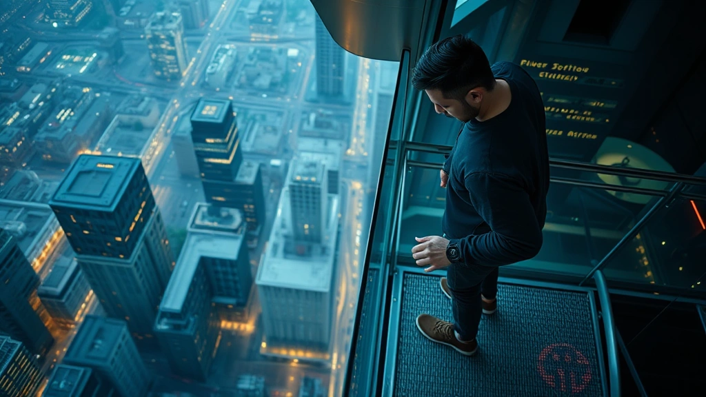 Person standing at edge of glass walkway or bridge high above city, looking down with mixture of fear and determination, hands gripping transparent railing, modern urban landscape visible below, cinematic lighting emphasizing height and psychological tension