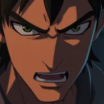 Close-up of animated character with intense emotional expression, dramatic lighting with shadows, cinematic composition, detailed facial features showing determination or conflict, dark atmospheric background
