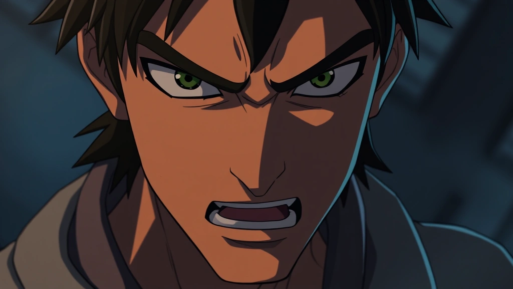 Close-up of animated character with intense emotional expression, dramatic lighting with shadows, cinematic composition, detailed facial features showing determination or conflict, dark atmospheric background