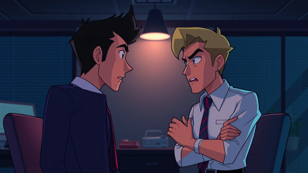 Two animated characters in tense dialogue scene, office or dimly lit interior setting, professional animation style, expressive body language conveying conflict or negotiation, moody color grading with strategic lighting