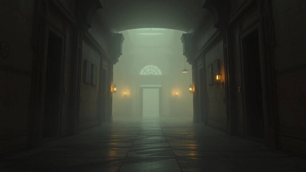 Wide shot of atmospheric game environment with detailed background art, empty hallway or mysterious location, cinematic perspective, muted color palette with accent lighting, photorealistic animation style, mood-setting environment design