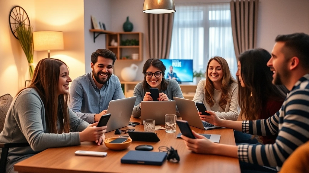 A diverse group of friends laughing around a table with smartphones and laptops, playing an online multiplayer game together in a cozy living room setting with warm lighting